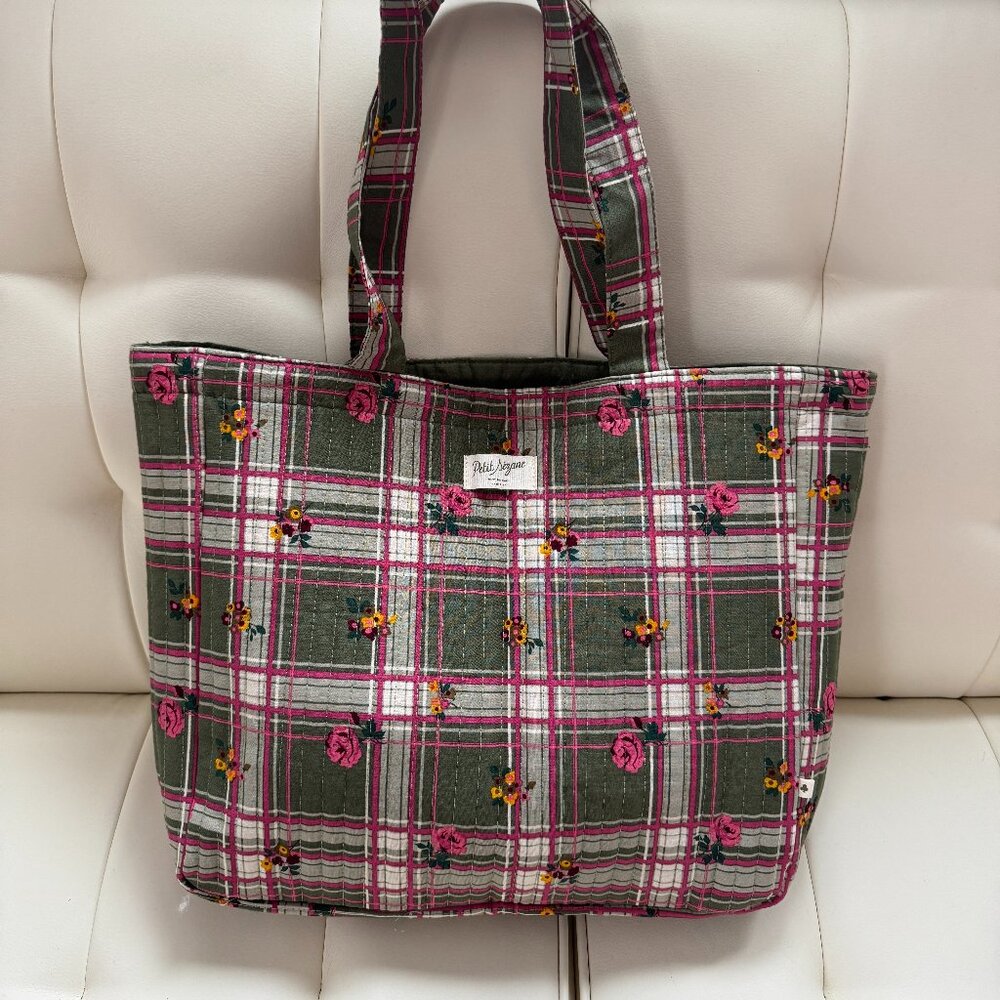 Petit Sézane limited edition quilted cotton tote olive green plaid floral NWOT